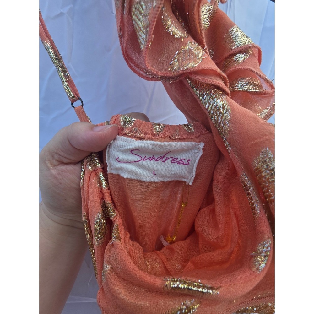 Sundress Orange Gold Metallic Fil Coupe Ruffle Halter Maxi Dress Size Large NWT - Picture 8 of 11